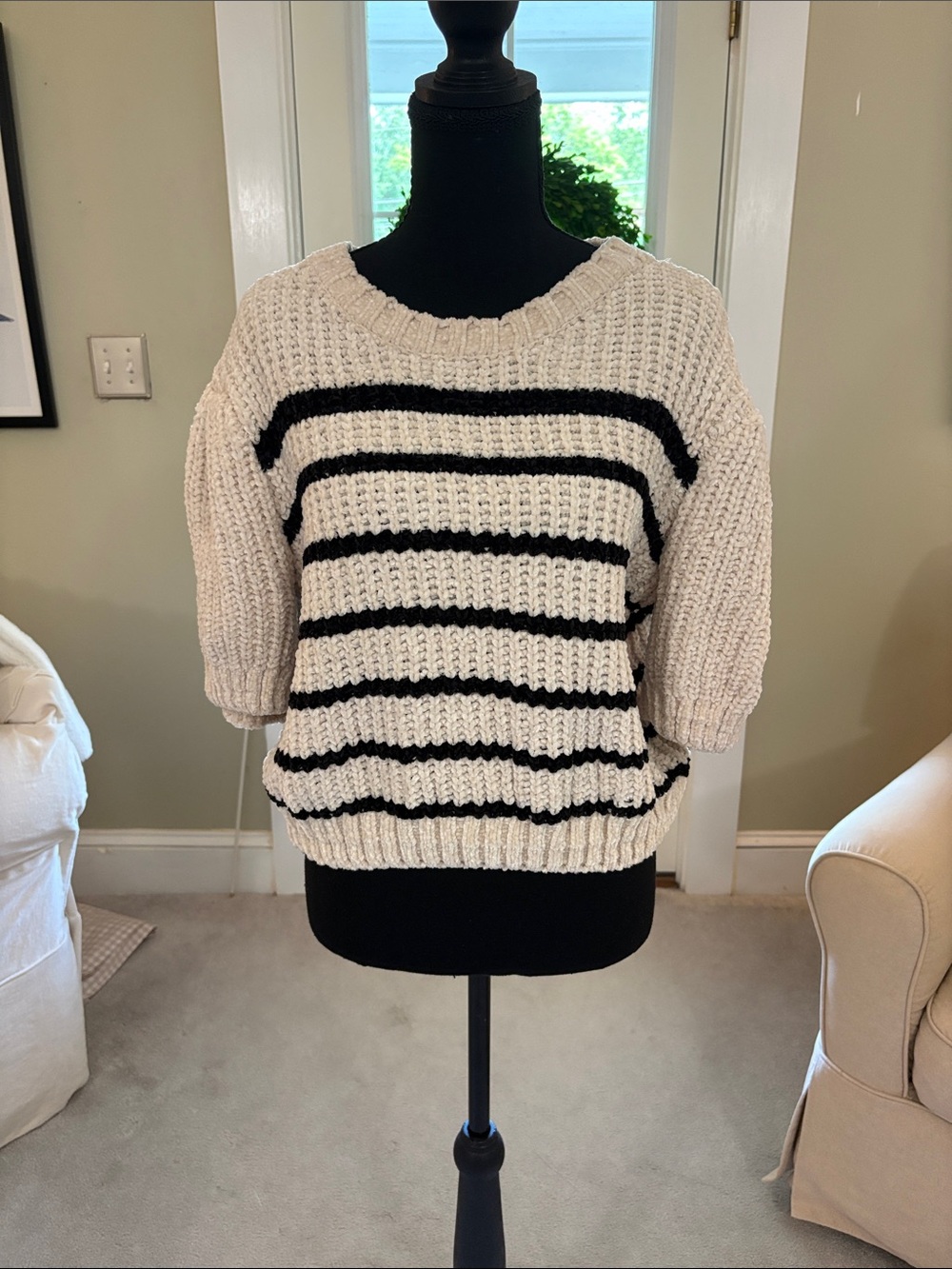 Striped Cream Short-Sleeve Crewneck Sweater